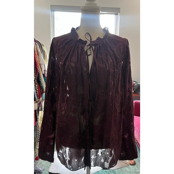 Dorothee Schumacher Burgundy Silk Lace Sheer Romance Tie Neck Blouse Top 4 $800 - Picture 14 of 16